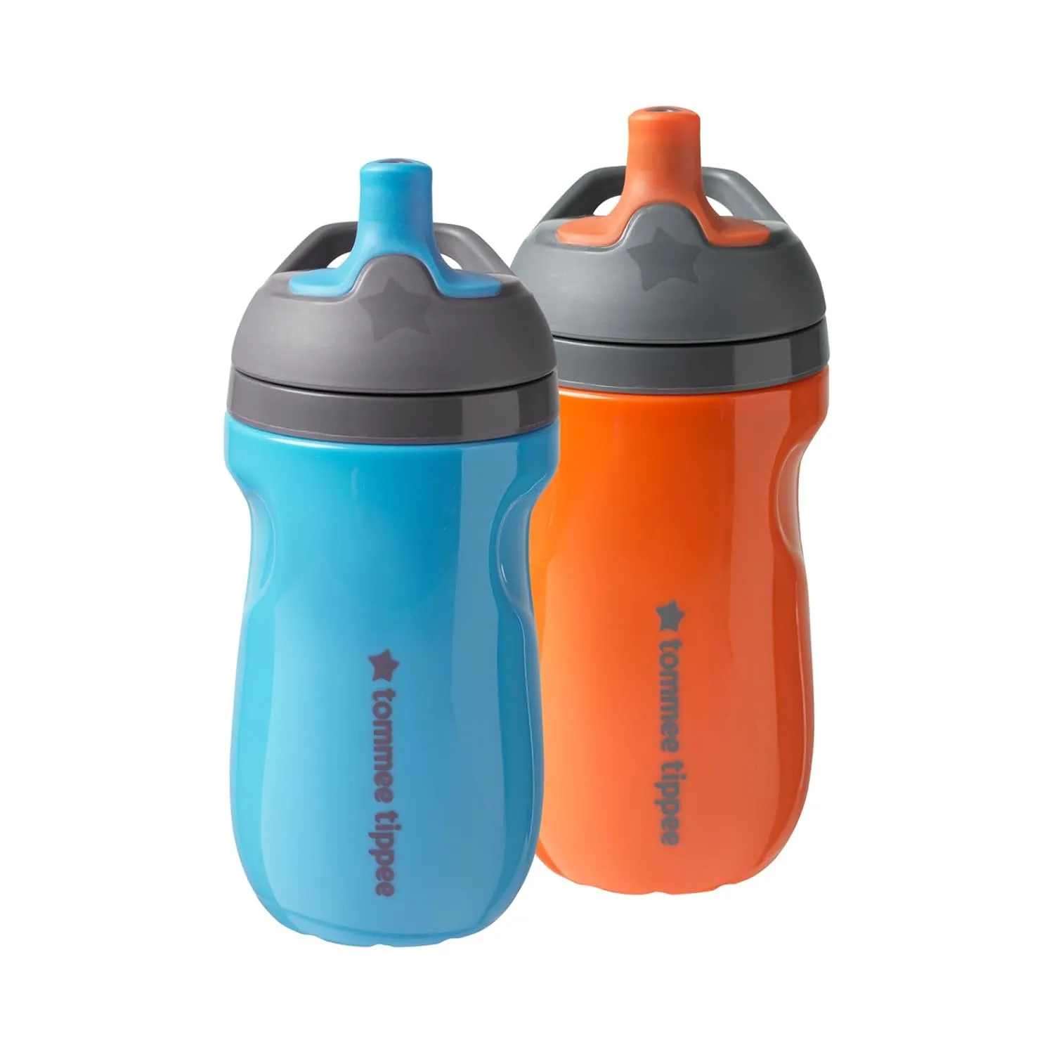 Tommee Tippee Insulated Sportee Bottle, for 12m , 9oz, Pack of 2 Non-Spill Toddler Water Bottles, Orange and Blue, with Two-Piece Valve to Help Stop Spills, Bite-Resistant Spout and Easy-Hold Handle
