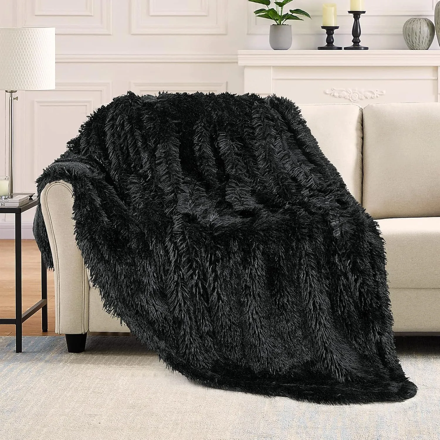 TOONOW Extra Soft Fuzzy Faux Fur Blanket Twin Size 70"x78", Reversible Lightweight Plush Fuzzy Cozy Soft Blankets and Throws for Couch Sofa Bed, Decorative Fluffy Plush Comfy Blanket, Black