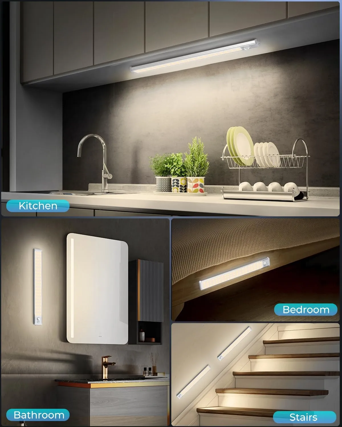 Under Cabinet Lighting - 14.7" Motion Sensor Light Indoor, Magnetic Wireless Closet Lights, Dimmable Led Night Light, Rechargeable Under Counter Lights for Kitchen, Bedroom, Stair, 2 Pack