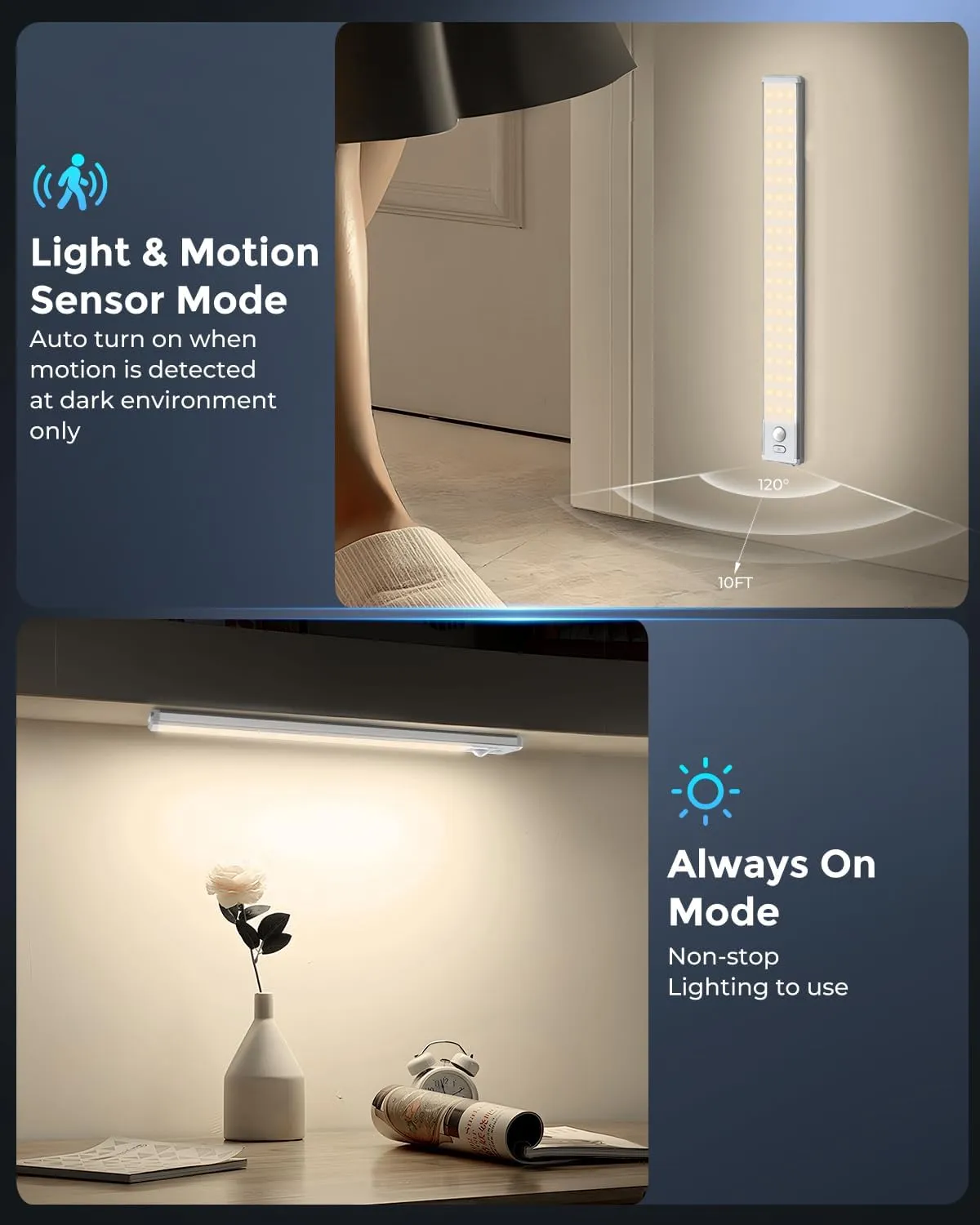 Under Cabinet Lighting - 14.7" Motion Sensor Light Indoor, Magnetic Wireless Closet Lights, Dimmable Led Night Light, Rechargeable Under Counter Lights for Kitchen, Bedroom, Stair, 2 Pack