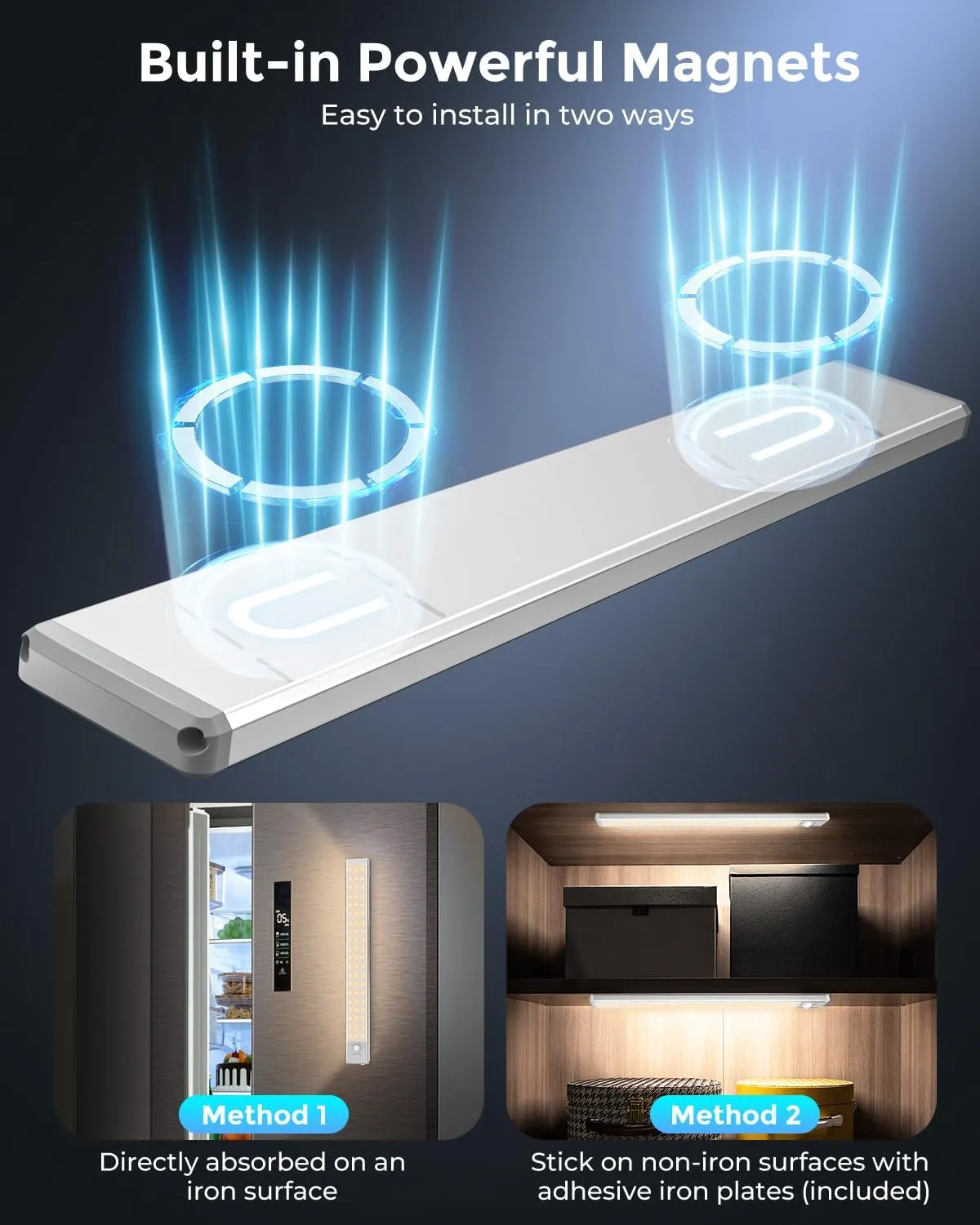 Under Cabinet Lighting - 14.7" Motion Sensor Light Indoor, Magnetic Wireless Closet Lights, Dimmable Led Night Light, Rechargeable Under Counter Lights for Kitchen, Bedroom, Stair, 2 Pack