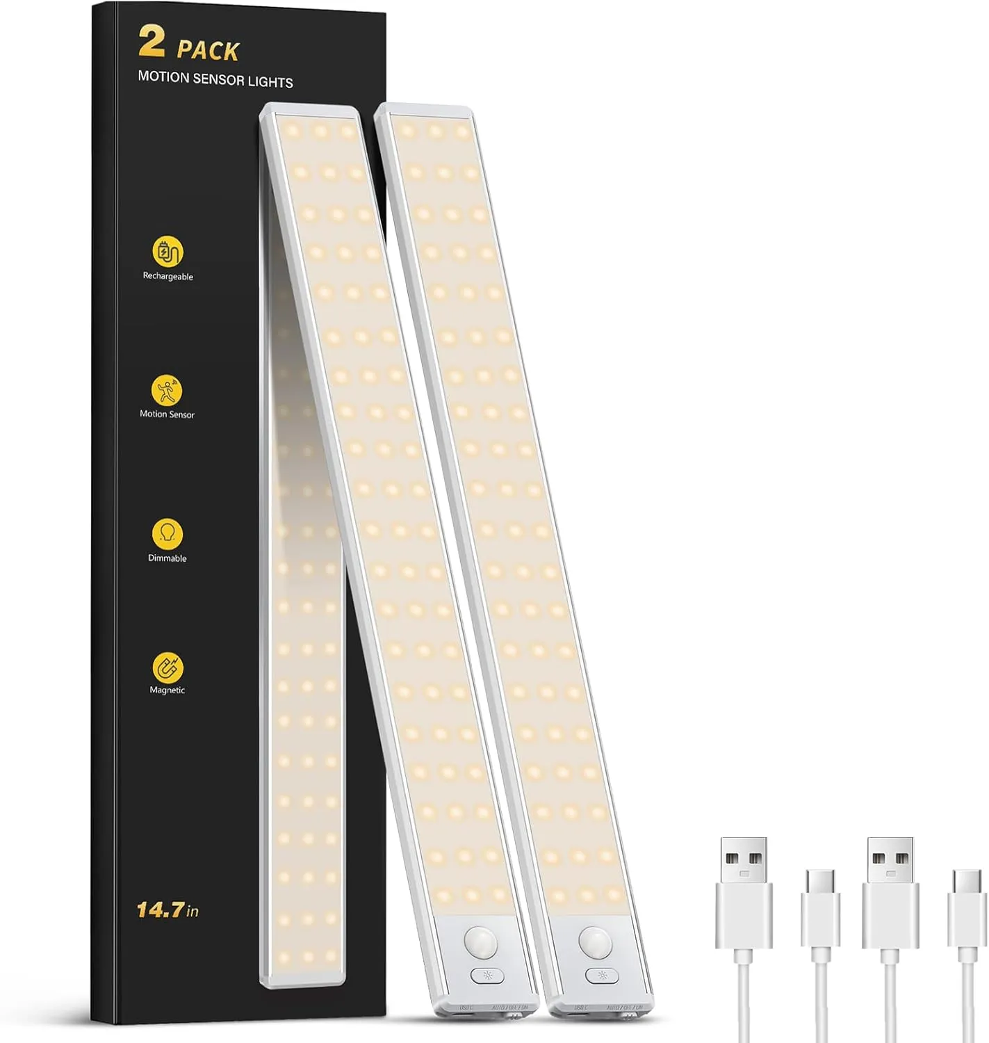 Under Cabinet Lighting - 14.7" Motion Sensor Light Indoor, Magnetic Wireless Closet Lights, Dimmable Led Night Light, Rechargeable Under Counter Lights for Kitchen, Bedroom, Stair, 2 Pack