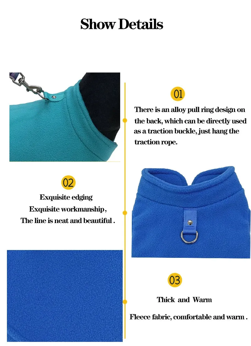 Warm Fleece Vest for Small Dogs and Cats with D-Ring Attachment